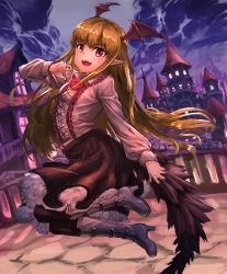 Rule 34 | 1girl, bat wings, black pantyhose, black skirt, blonde hair, blush, boots, castle, collared shirt, commentary request, fangs, flower, frilled skirt, frills, full body, granblue fantasy, grey footwear, head wings, high heel boots, high heels, highres, long hair, long sleeves, looking at viewer, nob1109, open mouth, pantyhose, pointy ears, red eyes, red flower, red rose, rose, shingeki no bahamut, shirt, skin fangs, skirt, smile, solo, vampy, white shirt, wings