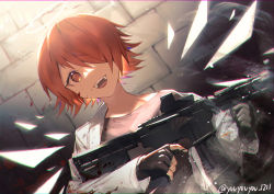 Rule 34 | 1girl, :d, arknights, assault rifle, bad id, bad pixiv id, black gloves, black shirt, blood, blood on clothes, blood on face, bloody weapon, commentary request, exusiai (arknights), fingerless gloves, gloves, gun, hair over one eye, halo, highres, holding, holding gun, holding weapon, jacket, open mouth, red eyes, red hair, rifle, shirt, short hair, smile, solo, stone wall, teeth, twitter username, upper teeth only, wall, weapon, white jacket, white wings, wings, yo-ba yo