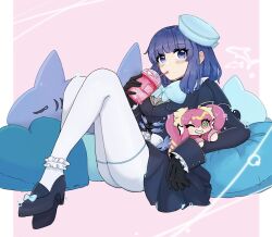 Rule 34 | 1girl, black gloves, blue bow, blue bowtie, blue eyes, blue hair, blush, bow, bowtie, character doll, cup, dress, drinking straw, duel monster, ei (tdnei666), evil twin lil-la, full body, gloves, green eyes, hat, highres, holding, holding cup, ki-sikil (yu-gi-oh!), knees up, lil-la (yu-gi-oh!), live twin ki-sikil, long sleeves, medium hair, one eye closed, panties, pink eyes, pink hair, shoes, sitting, smile, solo, stuffed animal, stuffed shark, stuffed toy, twintails, underwear, white panties, yu-gi-oh!