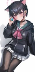 Rule 34 | 1girl, absurdres, animal ears, black choker, black jacket, blue archive, blue sailor collar, blush, brown pantyhose, cat ears, choker, colored inner hair, extra ears, feet out of frame, food, hair ornament, hairclip, halo, hand up, highres, holding, holding food, hood, hood down, hooded jacket, jacket, kazusa (blue archive), long sleeves, looking at viewer, macaron, miniskirt, multicolored hair, myowa, neckerchief, pantyhose, pink hair, pink neckerchief, pleated skirt, red eyes, sailor collar, short hair, simple background, sitting, skirt, solo, white skirt