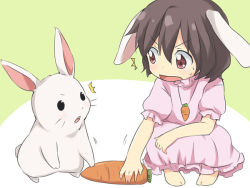 Rule 34 | 1girl, animal ears, bad id, bad pixiv id, barefoot, brown hair, rabbit, rabbit ears, carrot, dress, eye contact, female focus, inaba tewi, jewelry, looking at another, maruki (punchiki), open mouth, pendant, pink dress, pink eyes, short hair, solo, squatting, ^^^, sweat, touhou