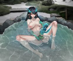 Rule 34 | 1girl, absurdres, anus, aqua skin, arknights, ass, bare shoulders, black hair, blush, breasts, completely nude, dragon horns, dragon tail, dusk (arknights), earrings, erection, futanari, futanari masturbation, gins, grabbing own breast, highres, horns, jewelry, large breasts, large penis, long hair, masturbation, multiple girls, navel, nipples, nude, open mouth, orange eyes, outdoors, partially submerged, penis, pointy ears, solo, spread legs, tail, testicles