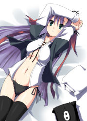 Rule 34 | 00s, 1girl, black thighhighs, blush, ginga nakajima, green eyes, long hair, lying, lyrical nanoha, mahou shoujo lyrical nanoha, mahou shoujo lyrical nanoha strikers, mizoguchi keiji, navel, on back, open clothes, open shirt, panties, purple hair, shirt, side-tie panties, solo, thighhighs, underwear