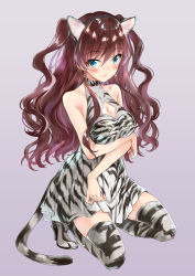 Rule 34 | 1girl, :3, ahoge, animal ears, bare shoulders, blue eyes, blush, boots, breasts, brown hair, cat ears, cat tail, cleavage, cleavage cutout, clothing cutout, crescent, crescent earrings, dress, earrings, fake animal ears, full body, grey background, high heel boots, high heels, ichinose shiki, idolmaster, idolmaster cinderella girls, jewelry, large breasts, long hair, looking at viewer, miyabi akino, smile, tail, thigh boots, thighhighs, two side up, wavy hair, zettai ryouiki
