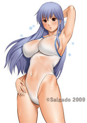 Rule 34 | 1girl, action pizazz, armpits, blue eyes, breasts, impossible clothes, impossible swimsuit, large breasts, long hair, one-piece swimsuit, purple hair, saigado, see-through, solo, swimsuit