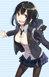 1girl :d bad_id bad_pixiv_id bag black_hair breasts brown_eyes female_focus jacket kimura_(ykimu) long_sleeves looking_at_viewer necktie open_mouth original pantyhose pleated_skirt school_bag school_uniform short_hair skinny skirt sleeves_past_wrists smile solo sweater_vest teeth