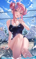 Rule 34 | 1girl, absurdres, angel wings, bare shoulders, black one-piece swimsuit, blue archive, blue sky, blush, breasts, cloud, collarbone, commentary, competition school swimsuit, day, double bun, feathered wings, finger to mouth, hair bun, halo, highres, large breasts, looking at viewer, low wings, mika (blue archive), one-piece swimsuit, open mouth, outdoors, pink hair, pink halo, poolside, school swimsuit, short hair with long locks, sitting, sky, smile, soaking feet, solo, swimsuit, trinity general school swimsuit, water, wet, white wings, wing ornament, wings, wolla, yellow eyes