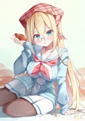 Rule 34 | 1girl, bandana, blonde hair, blue cardigan, blue eyes, blush, breasts, cardigan, croissant, food, glasses, large breasts, long hair, long sleeves, neckerchief, original, pantyhose, pink neckerchief, plaid bandana, pleated skirt, pota ken, red bandana, sailor collar, school uniform, serafuku, shadow, shirt, skirt, solo, white sailor collar, white shirt