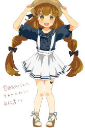Rule 34 | 1girl, :d, arms up, blouse, blush, brown eyes, brown hair, full body, hat, heart, inazuma eleven (series), inazuma eleven go, long hair, looking at viewer, nanobana kinako, no pupils, open mouth, pigeon-toed, round teeth, sandals, shirota69, shirt, skirt, smile, solo, sun hat, suspender skirt, suspenders, teeth, translation request, twintails, very long hair, white background