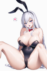 Rule 34 | 1girl, animal ears, bare shoulders, black hairband, black leotard, blue eyes, bow, bowtie, breasts, cameltoe, cleavage, cleft of venus, covered navel, detached collar, fake animal ears, hairband, heart, heart-shaped pupils, highres, large breasts, leotard, long hair, looking at viewer, mahou kyuuri, open mouth, original, partially visible vulva, playboy bunny, rabbit ears, red bow, red bowtie, solo, spoken heart, spread legs, symbol-shaped pupils, very long hair, white hair