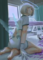 Rule 34 | 1girl, absurdres, bed, bed sheet, curtains, dress, feet, gloves, hair behind ear, hair over face, halo, highres, hospital, hospital bed, kanikumitoi, kneeling, low wings, medium hair, on ground, original, solo, stain, tile floor, tiles, white dress, white hair, window, wings