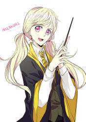Rule 34 | 1girl, :d, alternate hair color, black cape, blonde hair, cape, character name, collared shirt, cosplay, earrings, floating hair, harry potter (series), heart, heart earrings, hogwarts school uniform, holding, holding wand, jewelry, long hair, long sleeves, looking at viewer, mimori hayashi, necktie, open mouth, pink eyes, rena (renasight), school uniform, shirt, simple background, smile, solo, striped necktie, striped neckwear, twintails, upper body, very long hair, wand, white background, white shirt, wing collar, wizarding world, yellow necktie, zetsuen no tempest