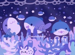 Rule 34 | :3, animal focus, artist logo, artist name, closed mouth, commentary, copyright notice, coral, coral reef, english commentary, fish, mahoukarp, no humans, open mouth, original, purple theme, sea bunny, sea slug, shark, smile, solid circle eyes, star (symbol), underwater, watermark