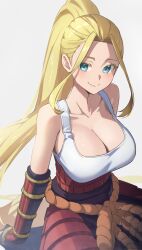 Rule 34 | 1girl, absurdres, arm support, armor, bare shoulders, beatrix amerhauser, blonde hair, blue eyes, breasts, cleavage, closed mouth, high ponytail, highres, japanese armor, kusazuri, large breasts, long hair, looking at viewer, reulem, sidelocks, sitting, smile, solo, tank top, very long hair, white background, white tank top, zom 100: zombie ni naru made ni shitai 100 no koto