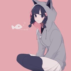 Rule 34 | 1girl, :3, animal hood, arms between legs, artist name, black hair, black pantyhose, black shirt, blush stickers, bow, breasts, cat hood, closed mouth, commentary, drawstring, feet out of frame, fish, grey eyes, grey hood, grey hoodie, hair bow, hood, hoodie, looking at viewer, maco22, medium hair, original, pantyhose, pink background, pink bow, shirt, signature, simple background, skirt, slouching, small breasts, solo, squatting, symbol-only commentary, tareme, two-sided fabric, white skirt, zipper pull tab