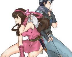 Rule 34 | 1boy, 1girl, asaello (fire emblem), black hair, brown hair, daisy (fire emblem), fire emblem, fire emblem: genealogy of the holy war, hair ornament, long hair, nintendo, siblings, simple background, spiked hair, ud01f, weapon
