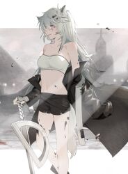 Rule 34 | 1girl, animal ears, arknights, bandeau, bare legs, bare shoulders, black shorts, breasts, commentary request, feet out of frame, grey eyes, grey hair, hair ornament, hairclip, kamanberu sando, lappland (arknights), material growth, medium breasts, midriff, navel, off shoulder, oripathy lesion (arknights), scar, scar across eye, short shorts, shorts, smile, solo, standing, stomach, strapless, tube top, wolf ears