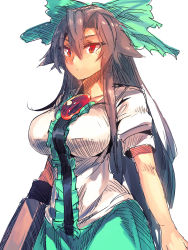 Rule 34 | 1girl, arm cannon, bow, breasts, brown hair, hair bow, highres, large breasts, long hair, melon22, puffy short sleeves, puffy sleeves, red eyes, reiuji utsuho, shirt, short sleeves, sketch, skirt, solo, touhou, very long hair, weapon