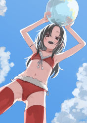 Rule 34 | 1girl, absurdres, armpits, arms up, ball, bikini, black eyes, black hair, blue sky, cloud, commentary request, copyright request, day, from below, fur-trimmed bikini, fur trim, highres, holding, holding ball, long hair, navel, open mouth, red bikini, red thighhighs, side-tie bikini bottom, sky, smile, solo, swimsuit, thighhighs, yamamoto souichirou