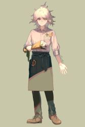 Rule 34 | 1boy, alternate costume, antenna hair, apron, black ribbon, bouquet, breast pocket, brown footwear, brown pants, closed mouth, collared shirt, commentary, danganronpa (series), danganronpa 2: goodbye despair, flower, full body, green apron, green background, grey eyes, hair between eyes, heel up, highres, holding, holding bouquet, komaeda nagito, lemontea, looking at viewer, male focus, medium hair, messy hair, orange flower, pants, pocket, ribbon, scissors, shirt, shoes, simple background, sleeves rolled up, solo, standing, waist apron, white flower, white hair, white shirt