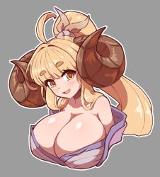 Rule 34 | 1girl, ahoge, anila (granblue fantasy), anila (yukata) (granblue fantasy), bare shoulders, blonde hair, breasts, cleavage, curled horns, draph, granblue fantasy, grey background, hikimayu, horns, huge breasts, japanese clothes, kimono, long hair, masked agent, off shoulder, open mouth, ponytail, simple background, smile, solo, upper body, yellow eyes, yukata