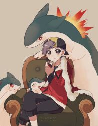 Rule 34 | 1boy, :3, armchair, backwards hat, baseball cap, black hat, black pants, blush, brown background, cape, chair, closed mouth, creatures (company), crossed legs, cyndaquil, english text, ethan (pokemon), evolutionary line, feet out of frame, fur-trimmed cape, fur trim, game freak, gen 2 pokemon, grey eyes, grey hair, hat, highres, holding, holding poke ball, jacket, long sleeves, looking at viewer, male focus, mikakami1e, nintendo, pants, poke ball, poke ball (basic), pokemon, pokemon (creature), pokemon hgss, quilava, red cape, red eyes, red jacket, sitting, typhlosion