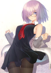 Rule 34 | 1girl, absurdres, bare shoulders, black-framed eyewear, blush, breasts, closed mouth, cowboy shot, dress, fate/grand order, fate (series), fingernails, glasses, hair over one eye, highres, jacket, looking at viewer, mash kyrielight, medium breasts, necktie, off shoulder, open clothes, open jacket, panties, panties under pantyhose, pantyhose, pink hair, purple eyes, red necktie, scan, shadow, shiny skin, short dress, short hair, simple background, sleeveless, sleeveless dress, smile, solo, standing, tony taka, underwear