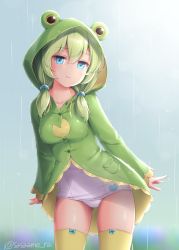 Rule 34 | 1girl, animal hood, arms at sides, blue eyes, breasts, closed mouth, contrapposto, cowboy shot, flower, frog hood, green hair, hair over shoulder, hood, hood up, hooded coat, hydrangea, long sleeves, looking at viewer, low twintails, medium breasts, medium hair, one-piece swimsuit, original, rain, raincoat, sasaame, school swimsuit, smile, solo, standing, swimsuit, thighhighs, twintails, twitter username, white one-piece swimsuit, yellow thighhighs