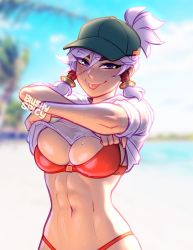 Rule 34 | 1girl, abs, artist name, baseball cap, beach, bikini, blurry, blurry background, blushyspicy, breasts, commentary, day, english commentary, facial scar, freckles, hair between eyes, hat, highres, kaye (blushyspicy), large breasts, looking at viewer, navel, original, outdoors, ponytail, scar, scar on cheek, scar on face, shirt, smile, solo, swimsuit, toned, tongue, tongue out, watermark, wet, wet clothes, wet shirt