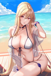 Rule 34 | 1girl, absurdres, bare shoulders, beach, beach mat, bead bracelet, beads, between legs, bikini, black choker, blonde hair, bracelet, braid, breasts, choker, cleavage, cloud, commentary request, crown braid, day, dydydyok, front-tie top, hair between eyes, halterneck, hand between legs, hand in own hair, hand up, head tilt, highres, jewelry, large breasts, long hair, looking at viewer, multi-strapped bikini, navel, open clothes, open shirt, original, outdoors, parted lips, red eyes, sand, see-through, see-through shirt, shore, sidelocks, sitting, solo, stomach, string bikini, swimsuit, thigh strap, thighs, very long hair, water, white bikini