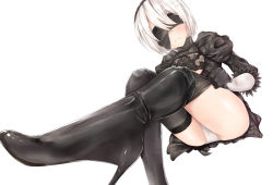 Rule 34 | 1girl, black thighhighs, blindfold, boots, close-up, frown, high heel boots, high heels, highres, leotard, mochimentai, mole, mole under mouth, nier (series), nier:automata, panties, pantyshot, short hair, simple background, solo, thigh boots, thighhighs, thighs, twitter username, underwear, white background, white hair, white leotard, 2b (nier:automata)