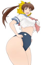 Rule 34 | 1girl, bare legs, blue sailor collar, bra, breasts, brown eyes, brown hair, buruma, commentary request, cowboy shot, crop top, curvy, double stripe, eyebrows, frilled bra, frills, hair ribbon, highres, large breasts, long hair, looking at viewer, mana (muten no kaito), meea, muten no kaito, open mouth, panties, panties under buruma, panty peek, pink bra, pink neckwear, pink panties, ponytail, ribbon, sailor collar, school uniform, shirt, short sleeves, solo, standing, thighs, underwear, upshirt, white background, white shirt, wide hips, yellow ribbon