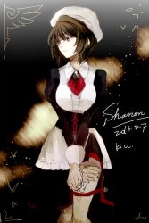Rule 34 | 1girl, 2016, artist name, bad id, bad twitter id, breasts, brown hair, character name, cowboy shot, dated, own hands clasped, hat, large breasts, looking to the side, maid, own hands together, purple eyes, shannon (umineko), sofy, solo, tattoo, umineko no naku koro ni