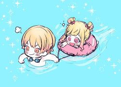 Rule 34 | 1boy, 1girl, aqua background, blonde hair, blush, bow, breath, bright pupils, brother and sister, chibi, commentary, cross, double-parted bangs, double bun, frilled innertube, from above, goggles, goggles around neck, gradient hair, hair bow, hair bun, innertube, looking ahead, multicolored hair, open mouth, orange eyes, orange hair, partially submerged, pink bow, pink eyes, pink hair, pink innertube, pointing, pointing forward, poppu usagi, project sekai, pulling, short hair, siblings, sidelocks, sketch, smile, sparkle, star (symbol), swept bangs, swim ring, swimming, tenma saki, tenma tsukasa, topless male, upper body, water, wavy hair, white pupils