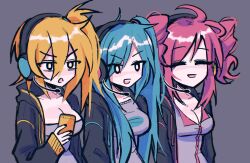 Rule 34 | 3girls, :d, = =, ahoge, akita neru, black hoodie, blonde hair, blue hair, breasts, cellphone, cleavage, closed eyes, collared shirt, commentary, drill hair, english commentary, grey background, hatsune miku, headset, highres, hood, hoodie, kasane teto, long hair, medium breasts, megrocks, multiple girls, open mouth, phone, pink hair, shirt, short hair, side-by-side, side ponytail, simple background, sleeves past wrists, smartphone, smile, triangle mouth, triple baka (vocaloid), twin drills, twintails, upper body, utau, vocaloid