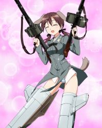 Rule 34 | 1girl, animal ears, black ribbon, blue panties, brown hair, closed eyes, commentary request, crotch seam, dog ears, dog tail, double-drum magazine, dress shirt, drum magazine, dual drum magazine, dual wielding, facing viewer, floating, general-purpose machine gun, gertrud barkhorn, grey jacket, gun, hair ribbon, high-capacity magazine, highres, holding, holding gun, holding weapon, jacket, long hair, long sleeves, low twintails, machine gun, magazine (weapon), mg42, military, military uniform, neck ribbon, no pants, open mouth, panties, purple background, ribbon, saddle-drum, sakakibara taiga, shirt, smile, solo, sparkle, strike witches, striker unit, tail, twintails, underwear, uniform, weapon, white shirt, world witches series