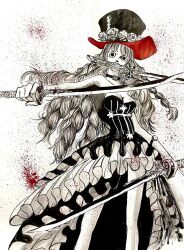 Rule 34 | 1girl, blunt bangs, brushbox2022, choker, commentary request, cowboy shot, dress, drill hair, eyelashes, flower, frilled dress, frills, hat, highres, holding, holding sword, holding weapon, long hair, looking at viewer, multiple swords, one piece, partially colored, perona, rose, solo, strapless, strapless dress, sumi-e, sword, top hat, very long hair, weapon, weapon in mouth