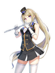 Rule 34 | 1girl, alternate hair color, bai winchester, band uniform, bare shoulders, black hat, black jacket, black skirt, blonde hair, breasts, buttons, cleavage cutout, closed mouth, closers, clothing cutout, collared jacket, cowboy shot, double-breasted, flute, fold-over gloves, gloves, hands up, hat, head tilt, heterochromia, highres, holding, holding flute, holding instrument, instrument, jacket, legs apart, long hair, looking at viewer, marching band, medium breasts, mini shako cap, miniskirt, necktie, official art, parted bangs, pink eyes, pleated skirt, ponytail, purple eyes, shako cap, sidelocks, skirt, sleeveless, sleeveless jacket, smile, solo, standing, thighhighs, transverse flute, uniform, very long hair, white background, white gloves, white necktie, white thighhighs, wing collar, zettai ryouiki