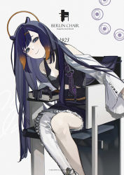 1girl alternate_costume black_choker black_skirt blue_eyes breasts chair choker collarbone commentary half-closed_eyes head_tilt highres hololive hololive_english k00s long_hair looking_at_viewer ninomae_ina&#039;nis purple_hair single_leg_pantyhose sitting skirt small_breasts smile solo tentacle_hair virtual_youtuber