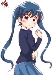 Rule 34 | 1girl, blue eyes, blue hair, blush, collar, collared shirt, commentary request, facing away, hand up, highres, kin-iro mosaic, komichi aya, long hair, looking at viewer, looking back, open mouth, school uniform, shirt, signature, simple background, sketch, skirt, solo, twintails, usagi koushaku, white background, white collar