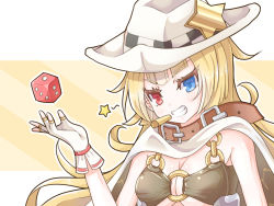 Rule 34 | 1girl, belt, bikini, bikini top only, blonde hair, blue eyes, breasts, cape, cigarette, cleavage, cowboy hat, dice, gloves, grin, hand up, hat, heterochromia, highres, iese&#039;niya, long hair, looking at viewer, nevada (warship girls r), o-ring, o-ring top, open hand, raised eyebrows, red eyes, simple background, smile, solo, star (symbol), swimsuit, upper body, warship girls r, white cape, white gloves, white hat