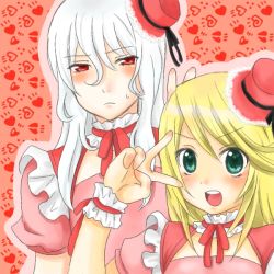 Rule 34 | 00s, 2boys, blonde hair, choker, duke pantarei, frills, green eyes, hat, heart, mithos yggdrasill, multiple boys, open mouth, red background, red eyes, tales of (series), tales of symphonia, tales of vesperia, v, white hair