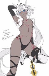 Rule 34 | 1girl, animal ears, bikini, black gloves, blue eyes, breasts, caenis (fate), cleavage, dark-skinned female, dark skin, elbow gloves, fate/grand order, fate (series), gloves, highres, holding, holding spear, holding weapon, leg belt, long hair, nipi27, open mouth, pointy ears, polearm, ponytail, silver hair, simple background, smile, solo, spear, standing, standing on one leg, swimsuit, tattoo, teeth, underwear, weapon, white background