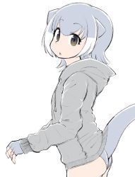 Rule 34 | 10s, 1girl, alternate costume, animal ears, bad id, bad pixiv id, commentary request, cowboy shot, grey hair, highres, hood, hoodie, kemono friends, long sleeves, looking at viewer, menturm1120, multicolored hair, one-piece swimsuit, otter ears, otter tail, short hair, simple background, small-clawed otter (kemono friends), solo, swimsuit, tail, white background, white hair