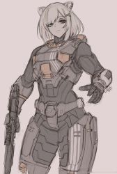 Rule 34 | 1girl, alternate costume, animal ears, armor, assault rifle, bullpup, frown, grey eyes, grey hair, gun, hair ornament, hairclip, halo (series), halo infinite, highres, holding, holding gun, holding weapon, hololive, lion ears, lion girl, ma5, multicolored hair, power armor, power suit, rifle, shishiro botan, short hair, simple background, sketch, solo, standing, streaked hair, virtual youtuber, weapon, zhvo