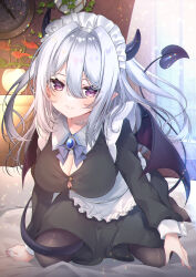 Rule 34 | 1girl, apron, black dress, black pantyhose, blue bow, bow, breasts, cleavage, collared dress, commentary request, demon girl, demon horns, demon tail, demon wings, dress, frilled apron, frills, grey hair, hair between eyes, hair intakes, highres, horns, indoors, ko yu, large breasts, leaning forward, looking at viewer, maid, no shoes, original, pantyhose, parted lips, pointy ears, purple eyes, purple wings, smile, solo, tail, white apron, window, wings