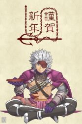 Rule 34 | 1boy, abs, alcohol, blue eyes, chousokabe motochika (sengoku basara), cup, full body, gloves, grey hair, highres, holding, holding cup, indian style, jacket, jacket on shoulders, light brown background, looking at viewer, male focus, manojimerser, purple gloves, purple jacket, sakazuki, sake, sengoku basara, short hair, simple background, sitting, smirk, solo, spiked hair, toned, toned male