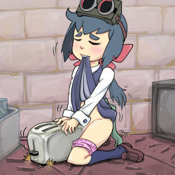 Rule 34 | 10s, 1girl, black hair, blush, bow, clothes lift, constanze amalie von braunschbank-albrechtsberger, crotch rub, closed eyes, female masturbation, goggles, goggles on head, hair bow, highres, indoors, little witch academia, loafers, masturbation, mouth hold, on floor, panties, panties around leg, pink panties, pussy, red bow, school uniform, self exposure, shoes, skirt, skirt lift, socks, solo, television, toaster, underwear