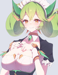 Rule 34 | 1girl, breasts, cleavage, detached collar, dragon girl, dragon horns, dragonmaid (yu-gi-oh!), duel monster, frilled sleeves, frills, green hair, hair between eyes, hands on own chest, highres, horns, large breasts, light blush, maid headdress, mosui (kori can), orange eyes, parlor dragonmaid, short sleeves, smile, solo, yu-gi-oh!