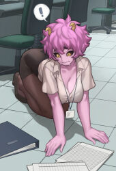 Rule 34 | !, 1girl, absurdres, all fours, ashido mina, black sclera, boku no hero academia, breasts, chair, cleavage, closed mouth, colored sclera, colored skin, full body, high heels, highres, horns, indoors, lanyard, large breasts, lentiyay, messy hair, office, office chair, office lady, on floor, pantyhose, paper, pink skin, shirt, short hair, single horn, skirt, solo, spoken exclamation mark, swivel chair, white shirt, yellow eyes